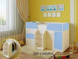 Кровать-чердак Малыш-4 Дуб молочный/Голубой в Барнауле - barnaul.katalogmebeli.com | фото 1