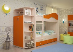 Кровать Мая двухъярусная с ящиками и шкафом Млечный дуб/Оранжевый в Барнауле - barnaul.katalogmebeli.com | фото