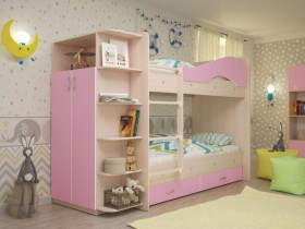 Кровать Мая двухъярусная с ящиками и шкафом Млечный дуб/Розовый в Барнауле - barnaul.katalogmebeli.com | фото
