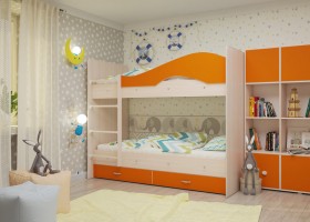 Кровать Мая двухъярусная с ящикамиМлечный дуб/Оранжевый в Барнауле - barnaul.katalogmebeli.com | фото