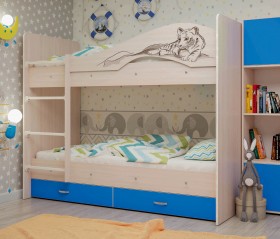 Кровать Мая-Сафари двухъярусная с ящикамиМлечный дуб/Голубой в Барнауле - barnaul.katalogmebeli.com | фото